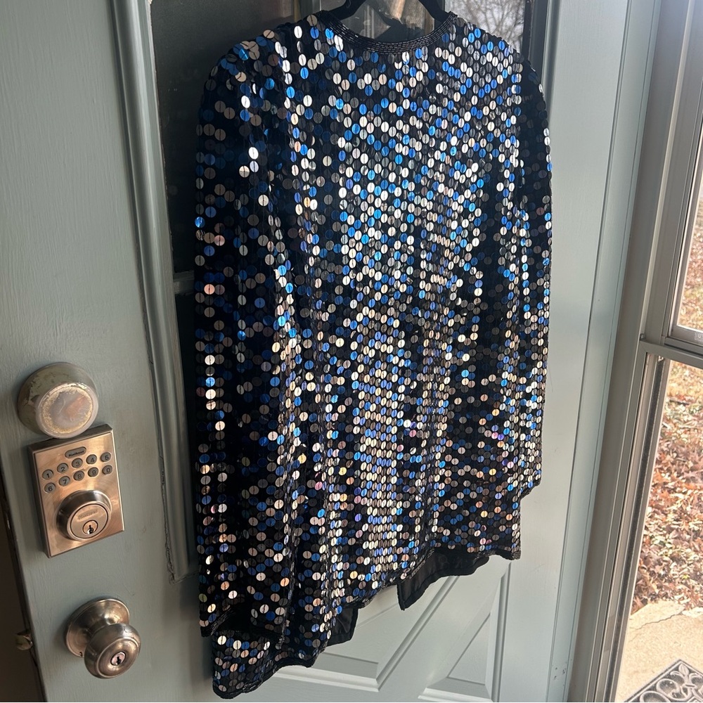 Vintage Sequin Beaded 100% Silk Oversized Jacket Oleg Cassini Silver & Blue L - Picture 4 of 12
